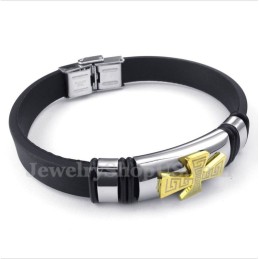 Men's Titanium Greek Meander Pattern Gold Cross Rubber Bracelet
