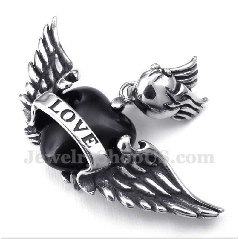 Men's Titanium Love Black Diamond Wings Pendant With Free Chain