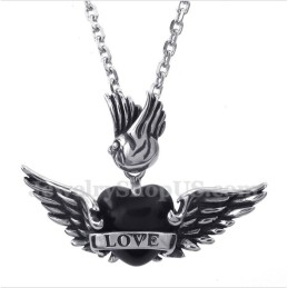 Men's Titanium Love Black Diamond Wings Pendant With Free Chain