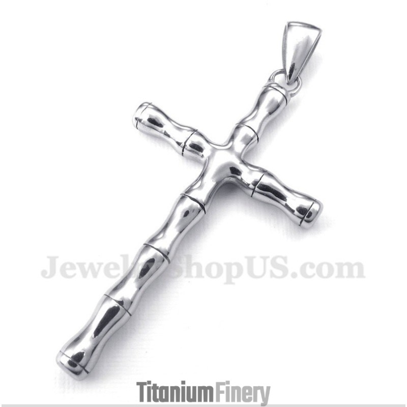 Men's Titanium Bamboo Cross Pendant With Free Chain Men's Titanium Bamboo Cross Pendant With Free Chain