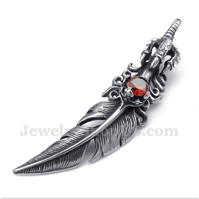Men's Titanium Red Crystal Feather Pendant With Free Chain Men's Titanium Red Crystal Feather Pendant With Free Chain