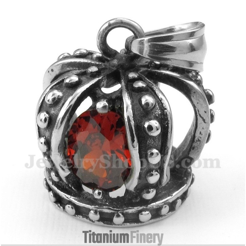 Men's Titanium Red Crystal Crown Pendant With Free Chain Men's Titanium Red Crystal Crown Pendant With Free Chain