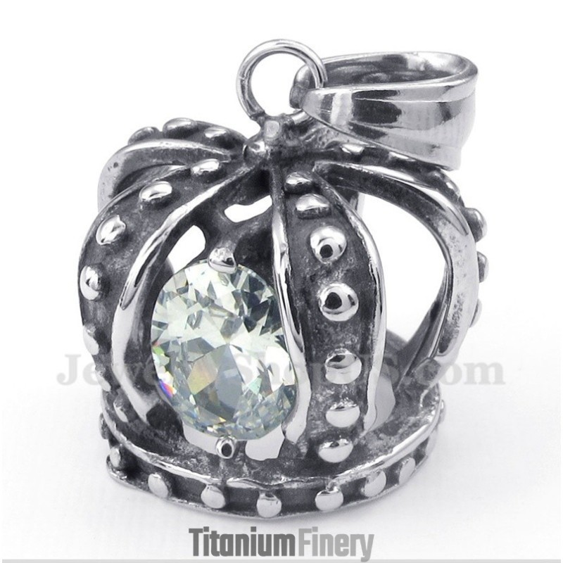 Men's Titanium White Crystal Crown Pendant With Free Chain Men's Titanium White Crystal Crown Pendant With Free Chain