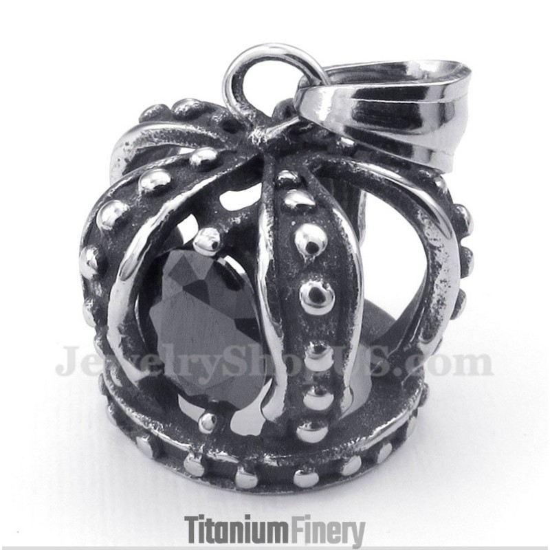 Men's Titanium Black Crystal Crown Pendant With Free Chain Men's Titanium Black Crystal Crown Pendant With Free Chain