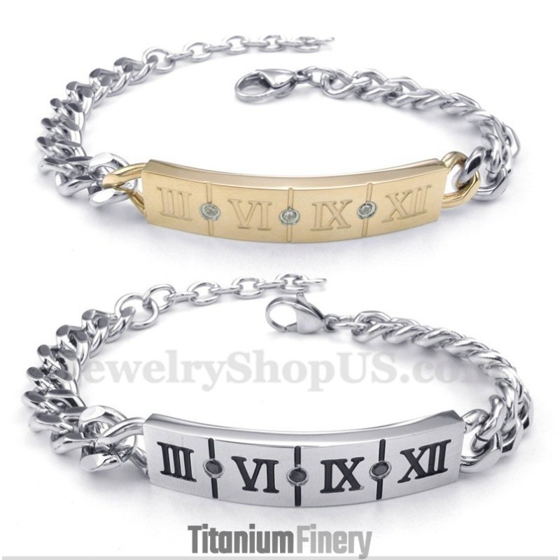 Titanium Roman Numerals Diamond Couple'S Bracelet (One Pair) Titanium Roman Numerals Diamond Couple'S Bracelet (One Pair)