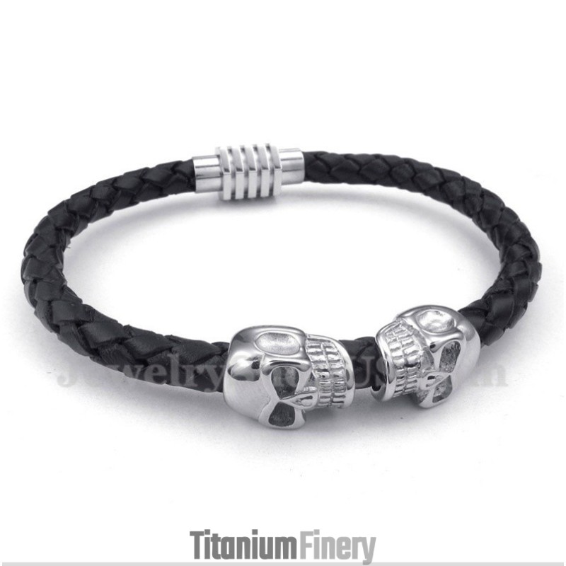 Men's Skull Leather Titanium Bracelet