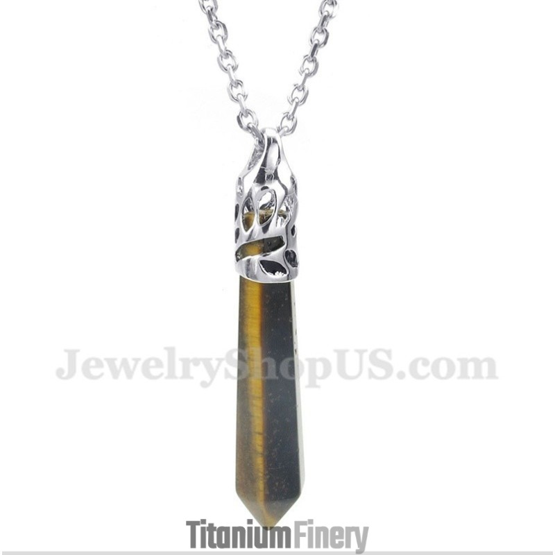 Men's Tiger'S-Eye Gemstones Hexagon Prism Pendant With Free Chain