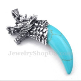 Men's Titanium Turquoise Wolf Head Horns Pendant With Free Chain