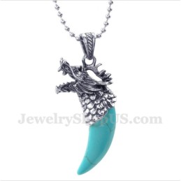 Men's Titanium Turquoise Wolf Head Horns Pendant With Free Chain