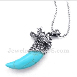 Men's Titanium Turquoise Wolf Head Horns Pendant With Free Chain