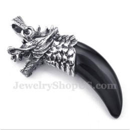 Men's Titanium Black Onyx Wolf Head Horns Pendant With Free Chain