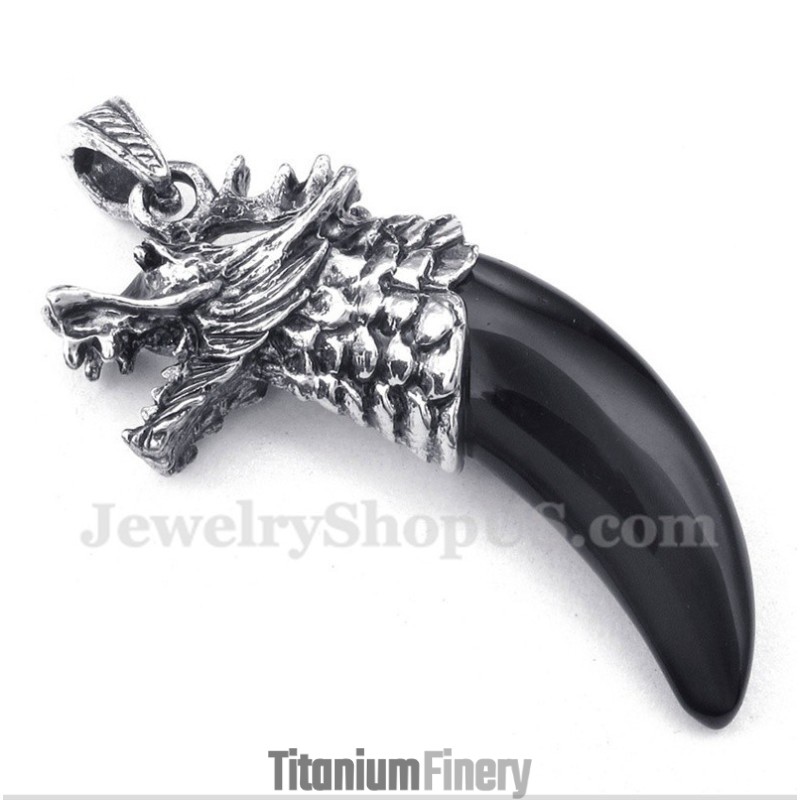 Men's Titanium Black Onyx Wolf Head Horns Pendant With Free Chain Men's Titanium Black Onyx Wolf Head Horns Pendant With Free Chain