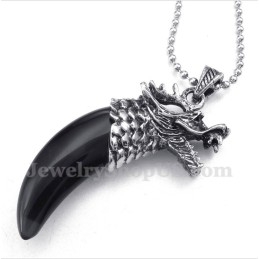 Men's Titanium Black Onyx Wolf Head Horns Pendant With Free Chain