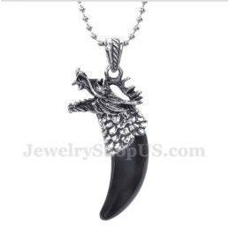 Men's Titanium Black Onyx Wolf Head Horns Pendant With Free Chain