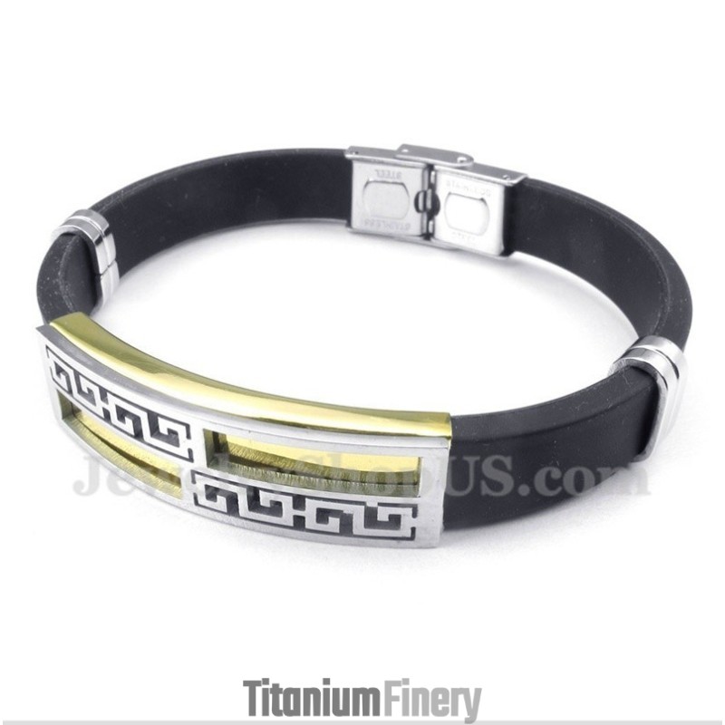 Men's Titanium Rubber Gold Greek Meander Pattern Bracelet Men's Titanium Rubber Gold Greek Meander Pattern Bracelet