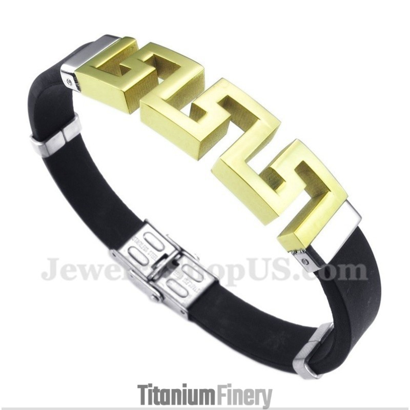 Men's Titanium Rubber Gold Greek Meander Pattern Bracelet Men's Titanium Rubber Gold Greek Meander Pattern Bracelet