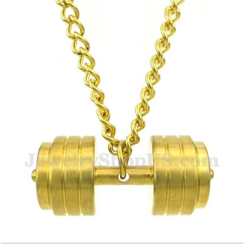 Men's Gold Titanium Dumbbells Pendant With Free Chain Men's Gold Titanium Dumbbells Pendant With Free Chain