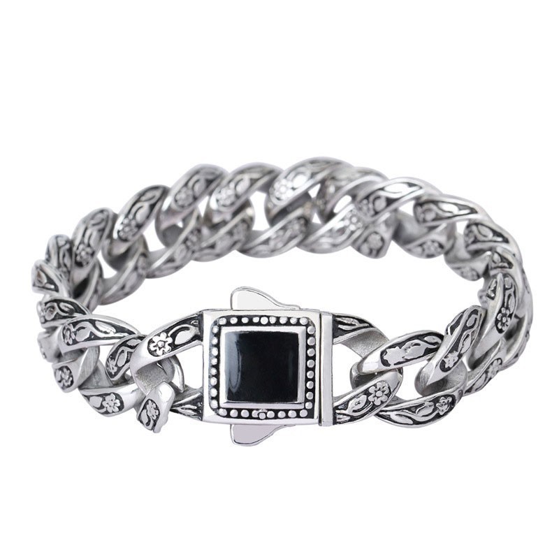Rosette Vintage Men's Bracelet Titanium Bracelet With Black Gems Rosette Vintage Men's Bracelet Titanium Bracelet With Black Gems