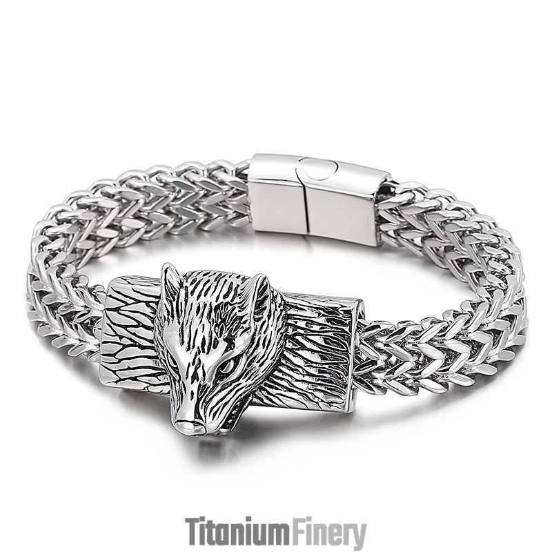 Hip-Hop Wolf Head Double Row Keel Woven Chain Men's Titanium Bracelet Hip-Hop Wolf Head Double Row Keel Woven Chain Men's Titanium Bracelet