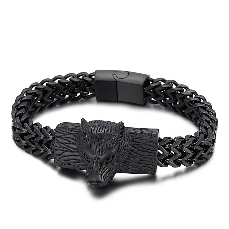 Hip Hop Wolf Head Double Row Keel Woven Chain Men's Titanium Bracelet Hip Hop Wolf Head Double Row Keel Woven Chain Men's Titanium Bracelet