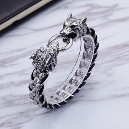 Titanium Double Wolf Head Ring Clasp Titanium Bracelet For Men