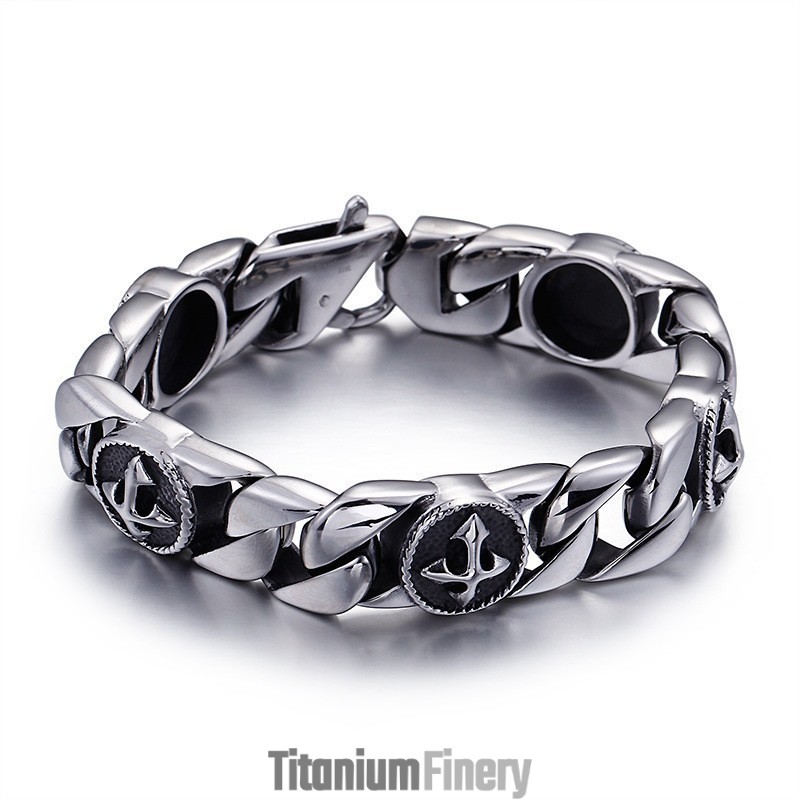 Vintage Chic Style Round Sign Cross Titanium Bracelet For Men