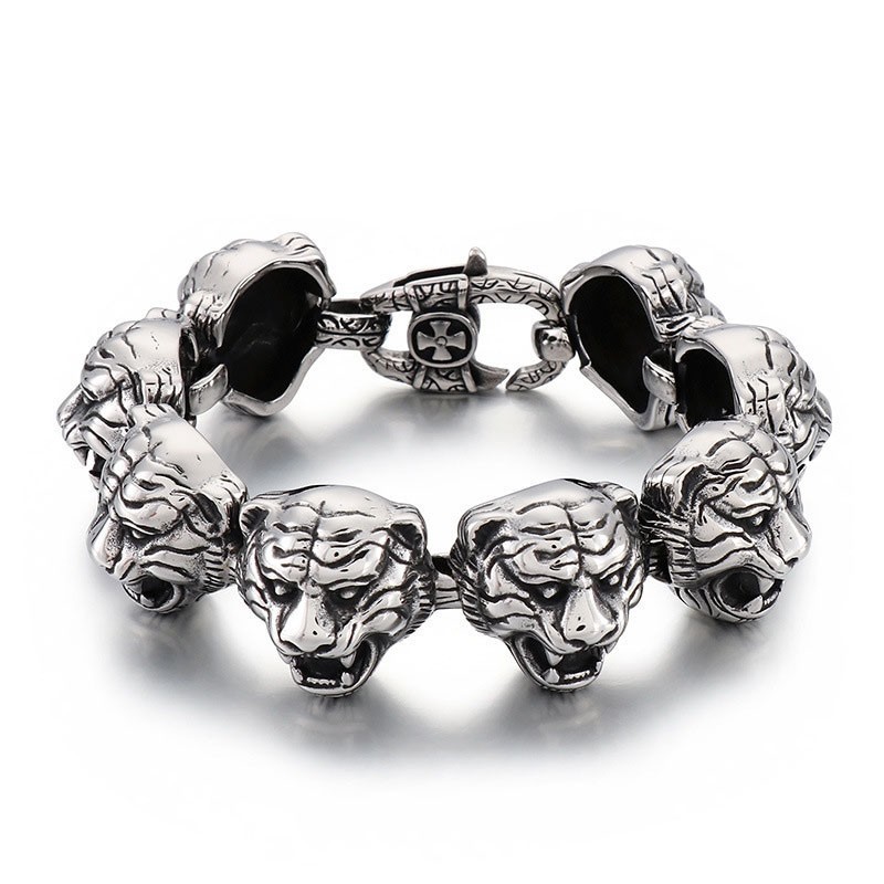 Cool Fashion Tiger Head Cross Flower Clasp Titanium Bracelet For Men Cool Fashion Tiger Head Cross Flower Clasp Titanium Bracelet For Men