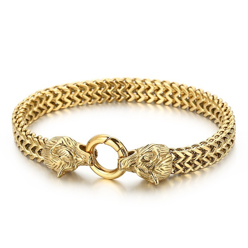 Cool Rock Hip-Hop Double Wolf Head Titanium Bracelet For Men Cool Rock Hip-Hop Double Wolf Head Titanium Bracelet For Men