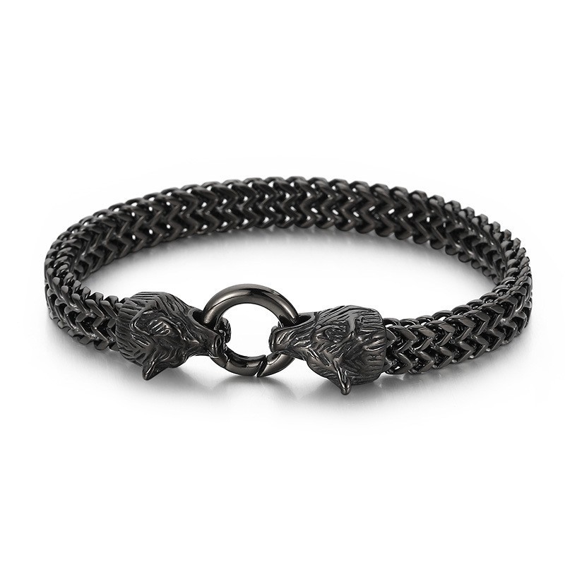 Cool Rock Hip-Hop Style Double Wolf Head Titanium Bracelet For Men Cool Rock Hip-Hop Style Double Wolf Head Titanium Bracelet For Men