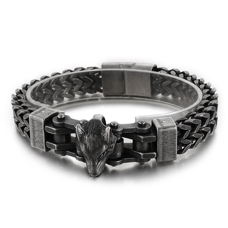 Cool Hip Hop Men's Titanium Bracelet With Wolf Head Plating Cool Hip Hop Men's Titanium Bracelet With Wolf Head Plating