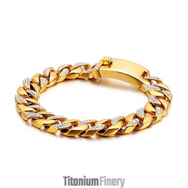 Hip Hop Hip Hop Style Jewelry 19K Gold Men's Titanium Bracelet With Diamonds