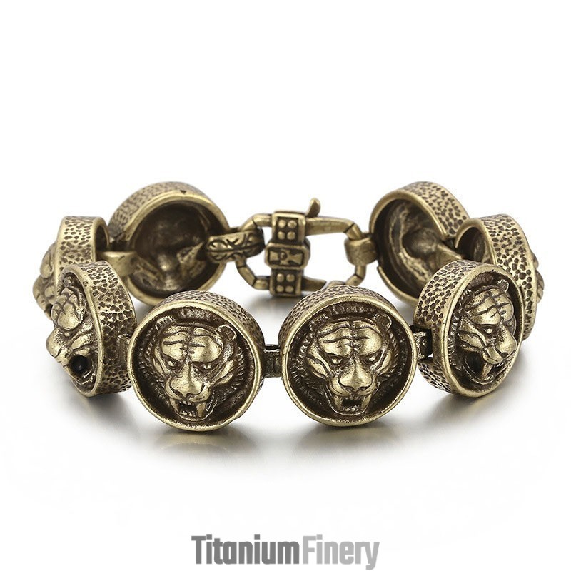 Vintage Tiger Head Round Titanium Bracelet For Men