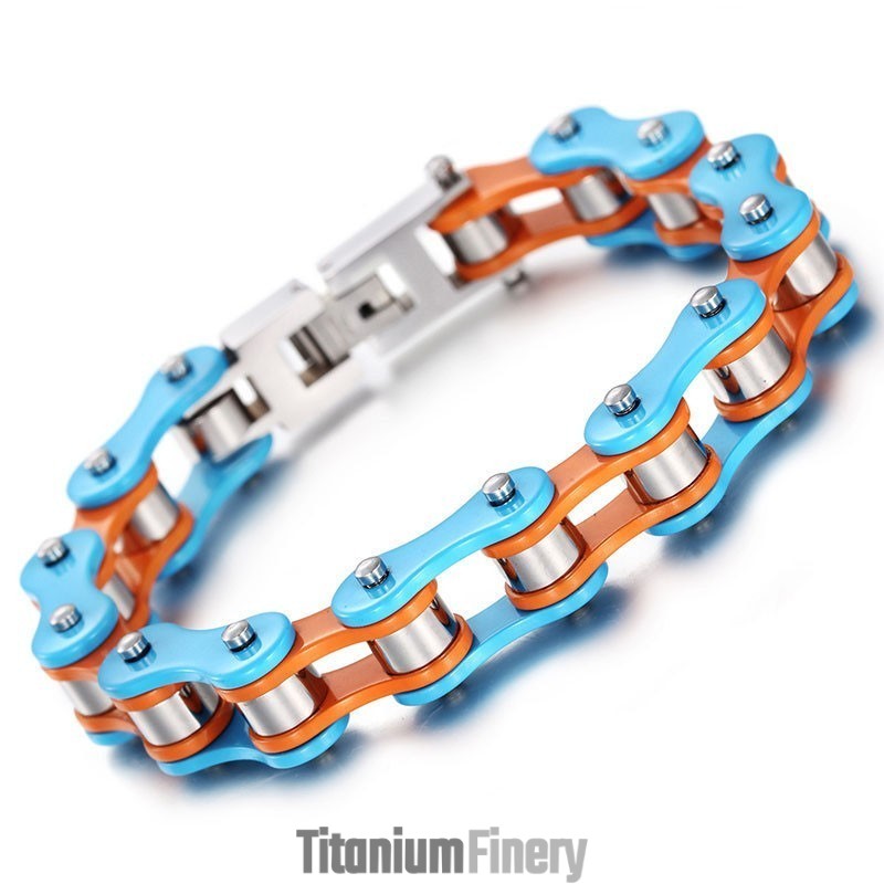 Simple Painted Blue-Orange Titanium Men's Biker Bracelet Simple Painted Blue-Orange Titanium Men's Biker Bracelet