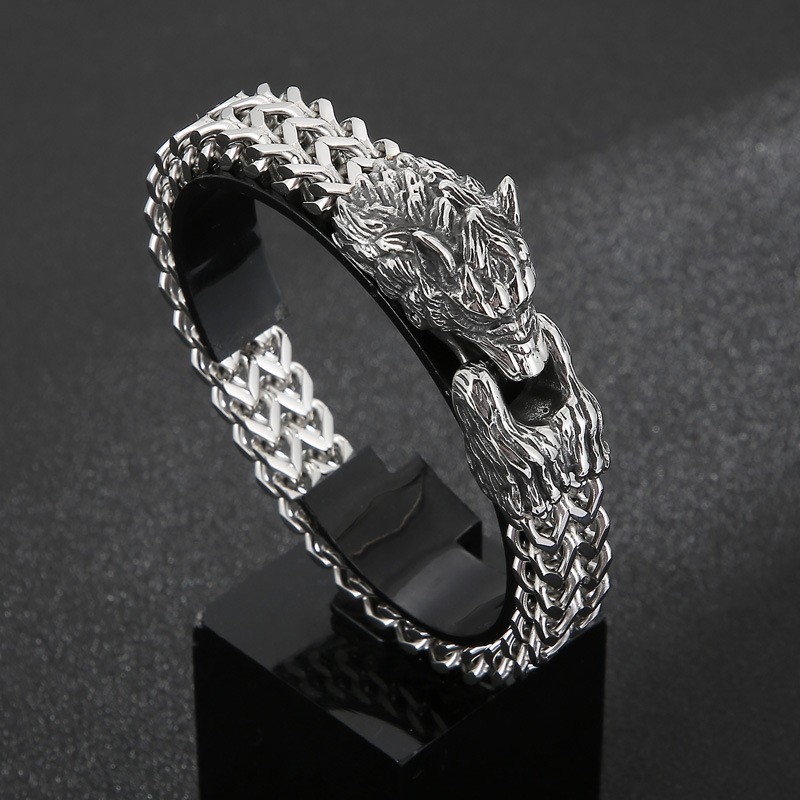 Cool Wolf Head Double Casting Titanium Bracelet For Men Cool Wolf Head Double Casting Titanium Bracelet For Men