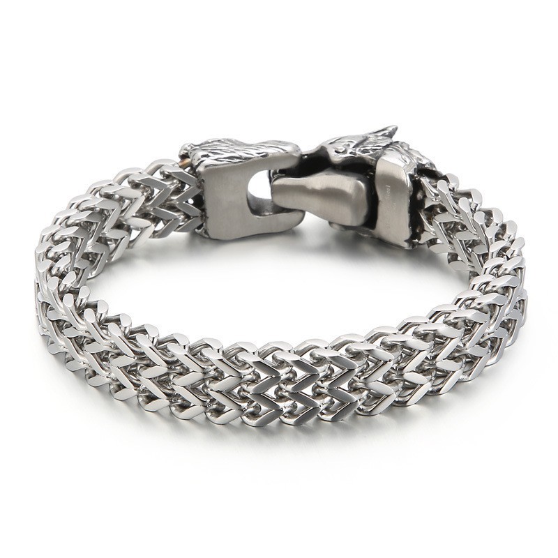 Cool Wolf Head Double Casting Titanium Bracelet For Men Cool Wolf Head Double Casting Titanium Bracelet For Men
