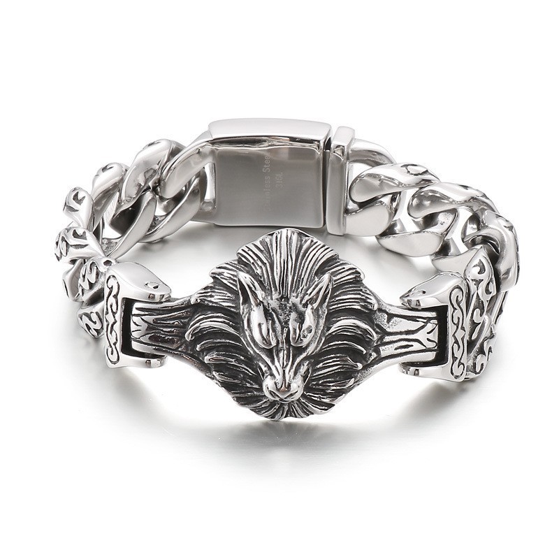 Wolf Head Floral Titanium Bracelet For Men Wolf Head Floral Titanium Bracelet For Men