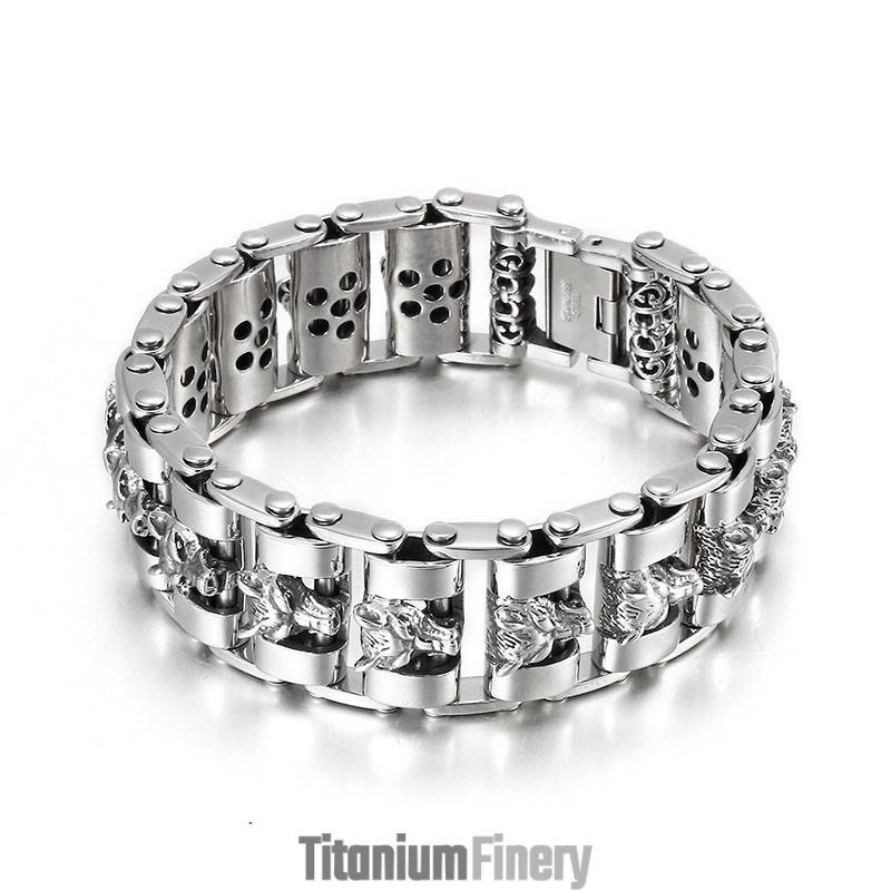Cool Men's Wolf Head Biker Titanium Bracelet Cool Men's Wolf Head Biker Titanium Bracelet