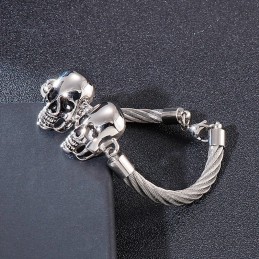 Cool Fashion Double Skull Steel Wire Men's Titanium Bracelet