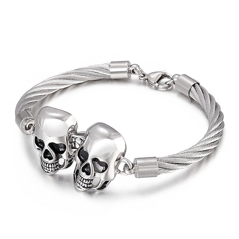 Cool Fashion Double Skull Steel Wire Men's Titanium Bracelet