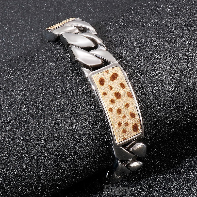 Tide Men's Fashion Hand Jewelry Flower Leopard Print Button Titanium Bracelet
