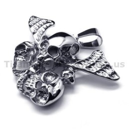 Pure Titanium Three Skull Design Pendant With Wings - Free Chain