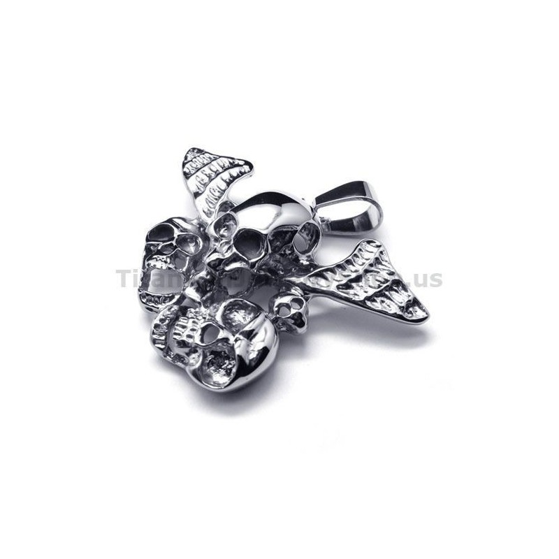 Pure Titanium Three Skull Design Pendant With Wings - Free Chain Pure Titanium Three Skull Design Pendant With Wings - Free Chain
