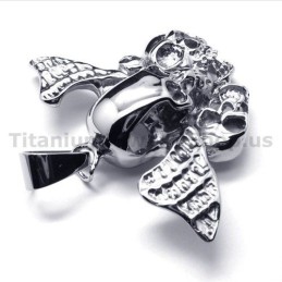 Pure Titanium Three Skull Design Pendant With Wings - Free Chain