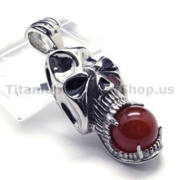 Pure Titanium Skull Design Pendant With Ruby Ball - Free Chain