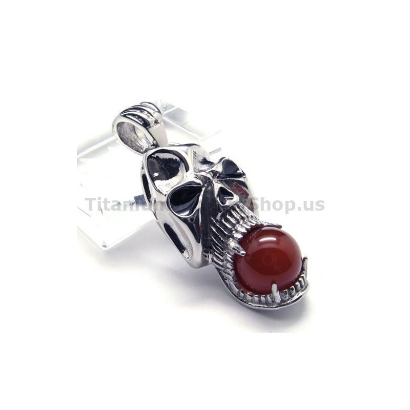 Pure Titanium Skull Design Pendant With Ruby Ball - Free Chain Pure Titanium Skull Design Pendant With Ruby Ball - Free Chain