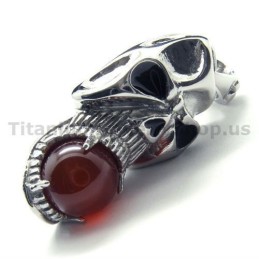 Pure Titanium Skull Design Pendant With Ruby Ball - Free Chain