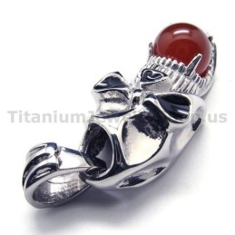 Pure Titanium Skull Design Pendant With Ruby Ball - Free Chain