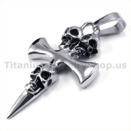 Pure Titanium Skull Design Cross Pendant - Free Chain