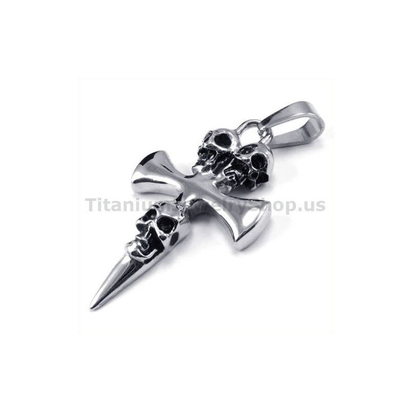 Pure Titanium Skull Design Cross Pendant - Free Chain