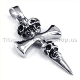 Pure Titanium Skull Design Cross Pendant - Free Chain